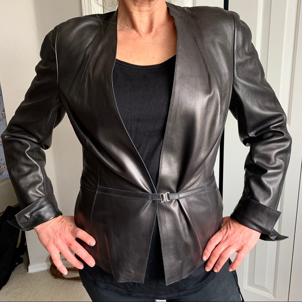 NEW AKRIS Metallic Black Real Leather Jacket